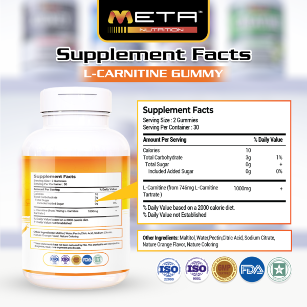 IMG_0535 (1) L-Carnitine 1000mg - ZERO SUGAR 60' Gummies by Meta Nutrition | Metabolism Boost | Fat Burning | Improves Energy Level