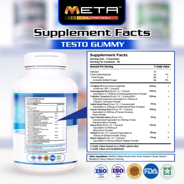 TESTOSTERONE BOOSTER 1000mg - ZERO SUGAR 60' Gummies by Meta Nutrition | Boosts Energy | Strength | Muscle Growth