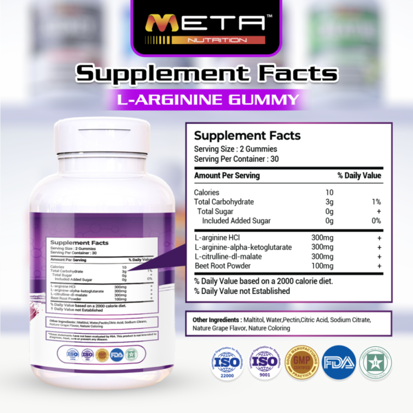L-ARGININE 1000mg - ZERO SUGAR 60' Gummies by Meta Nutrition | Vascular Support | Muscle Pump | Enchances Performance